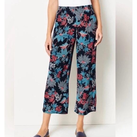 J.jill Sarasa Tropical Floral Wide Leg Crop Pants Sz L Boho Hawaiian Resort Wear - Picture 1 of 10